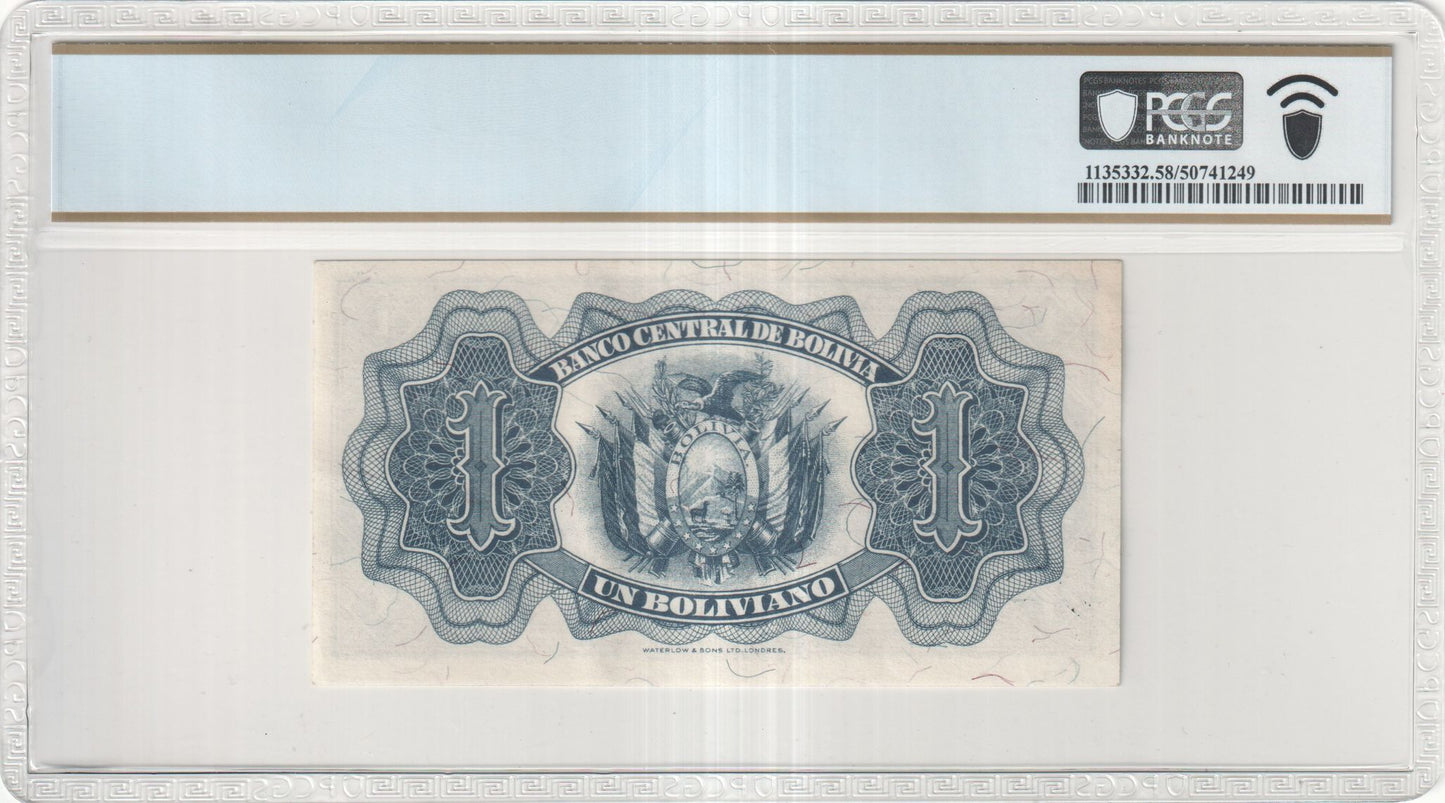 Bolivia 1 Boliviano 1952 Overprint P-128c PCGS Choice AU 58 PPQ Simón Bolívar