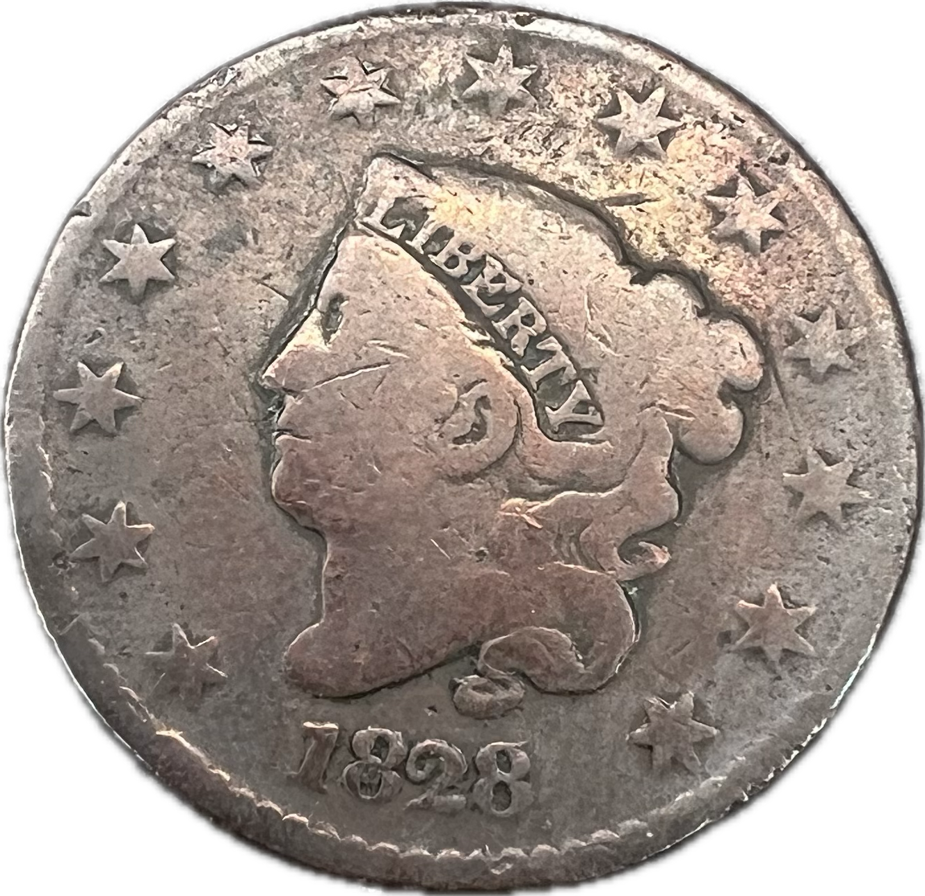 1828 Coronet Head Large Cent, Small Wide Date, G-4 BN