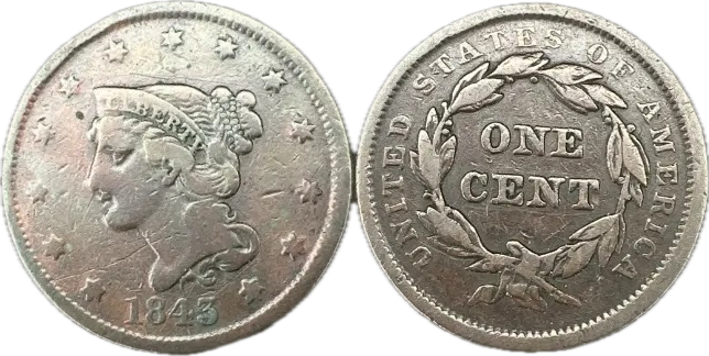 1843 Braided Hair Large Cent, Petite Head, Small Letters, F-12 BN
