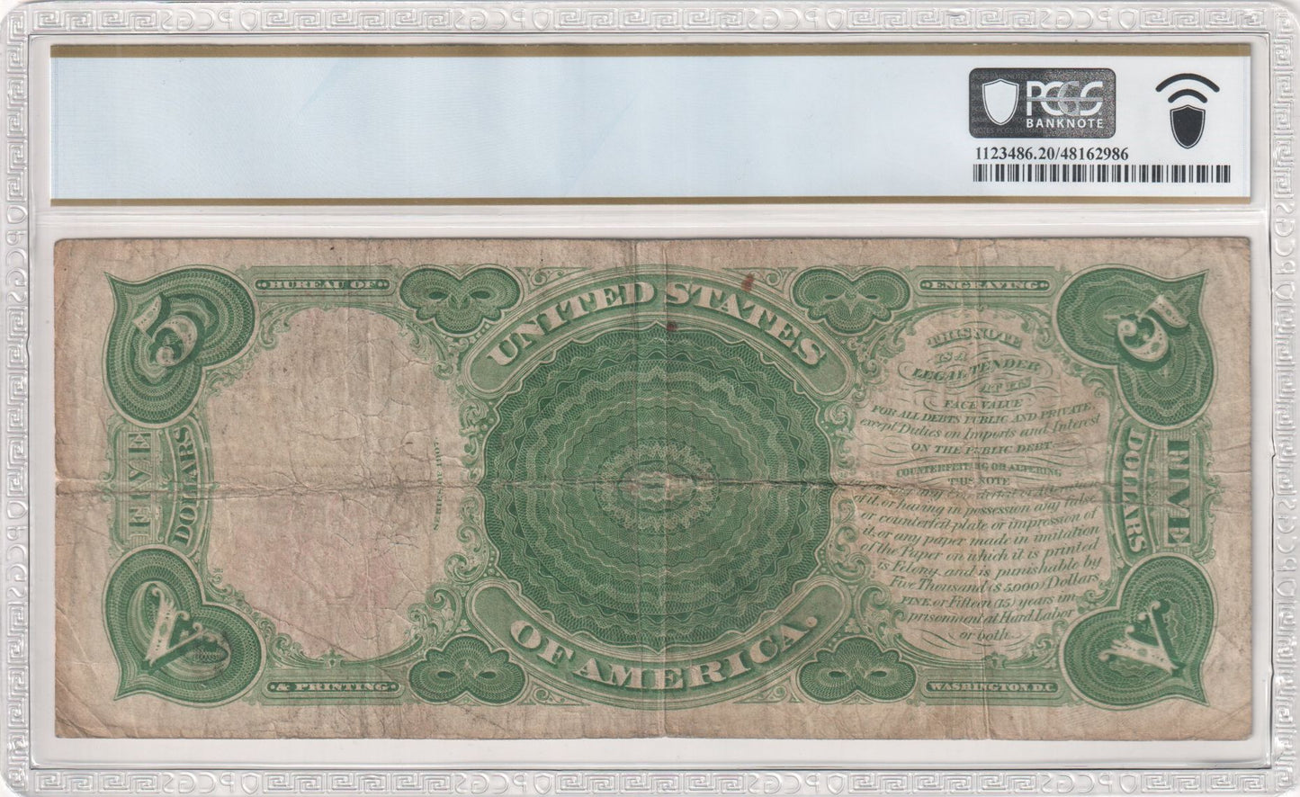 $5 1907 US Note - Legal Tender, "PCBLIC" Engraving Error PCGS. VF20