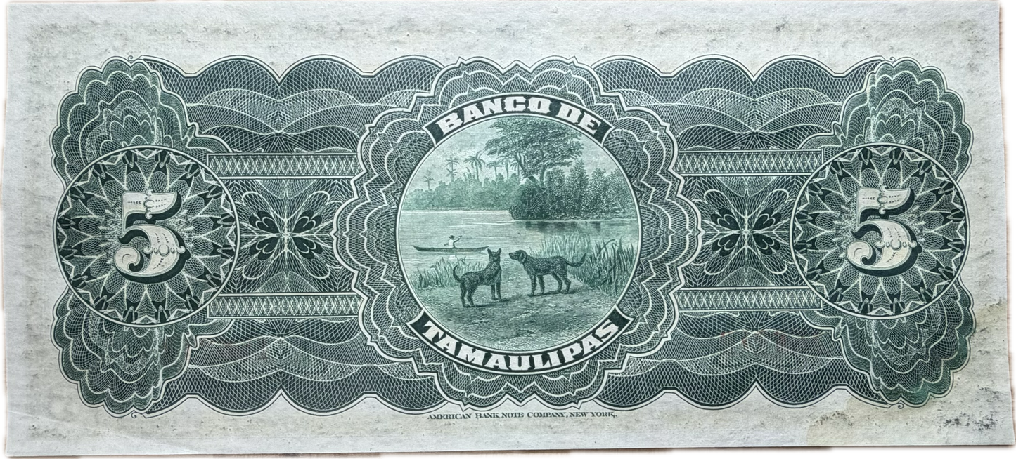 Mexico – Banco de Tamaulipas – 5 Pesos – Series H – ND (1902–1914)
Tampico, Tamaulipas | American Bank Note Company, New York. Raw