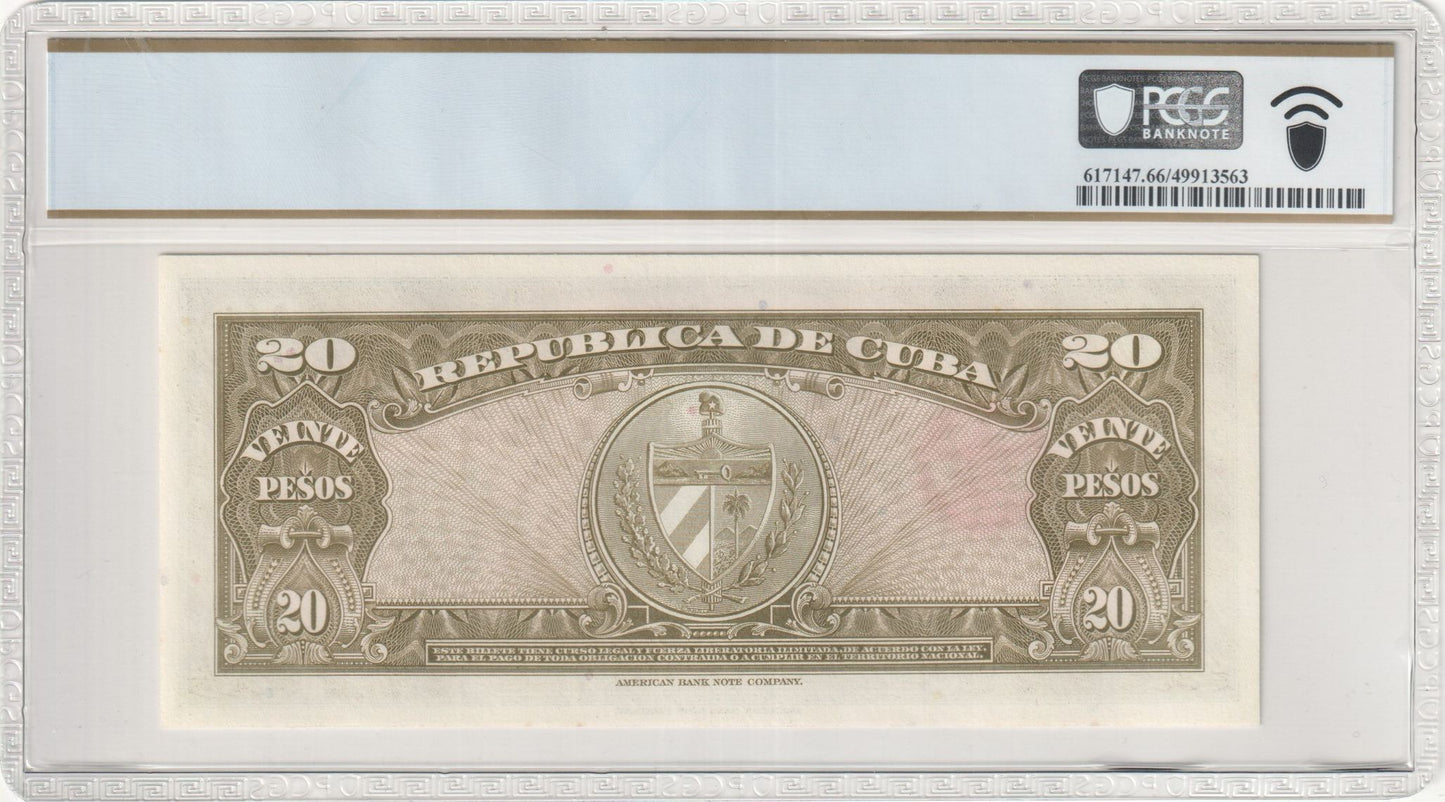 1958 Cuba 20 Pesos P-80b Red Serials PCGS 66 PPQ Gem UNC | Pre-Castro Cuba | ABNC
