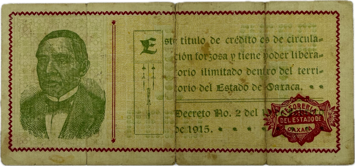 1915 Mexico Oaxaca Revolutionary 1 Peso Note | Estado de Oaxaca | Series Z | Benito Juárez