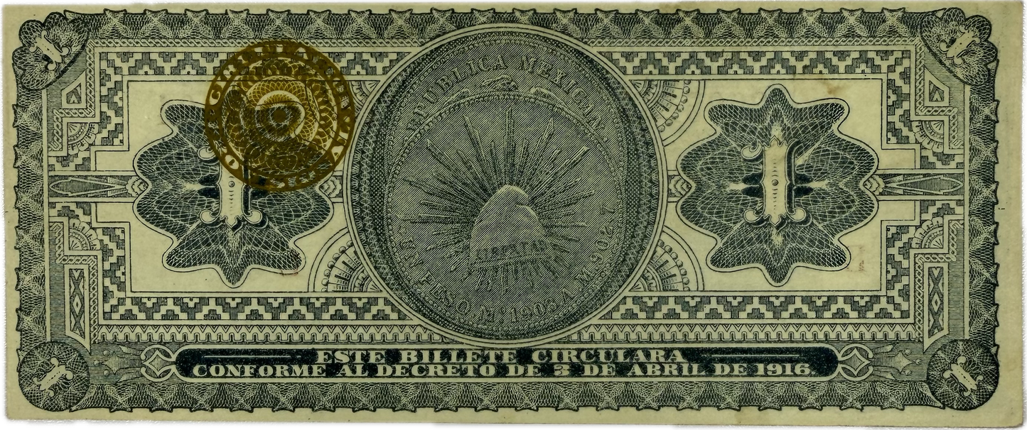 1916 Mexico Provisional de México 1 Peso Note – Serie M – Revolutionary Issue – Pick S538 – Fine/VF