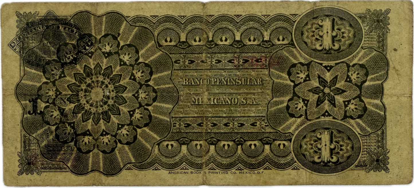 1913 Mexico Banco Peninsular Mexicano 1 Peso P-S464 Series A Mérida Yucatán Revolutionary Currency VG-F
