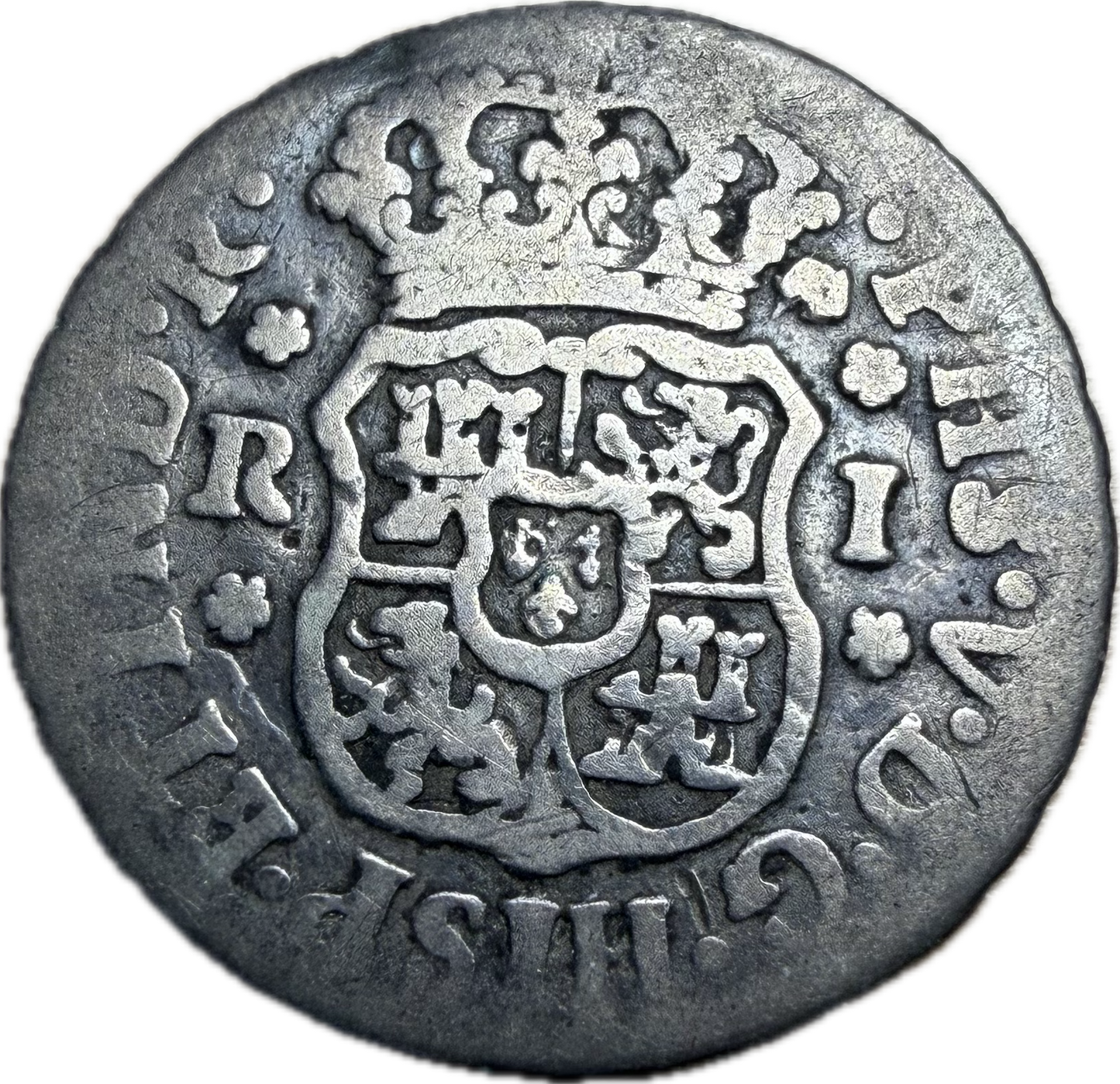 1744 Mo-R Mexico 1 Real Philip V Silver Pillar Coin AG3 Raw