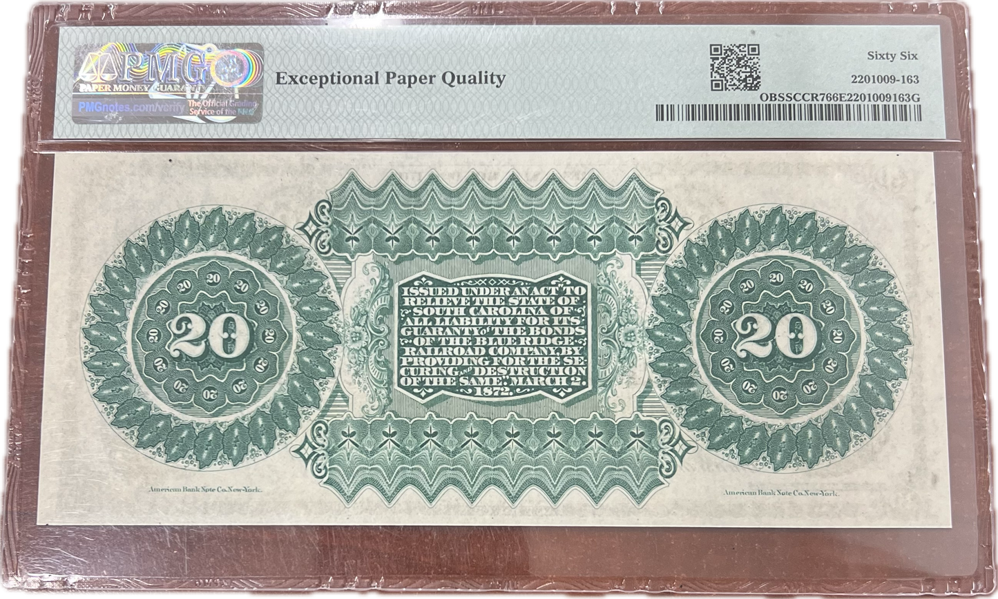 $20 1872 State of South Carolina Columbia PMG EPQ66