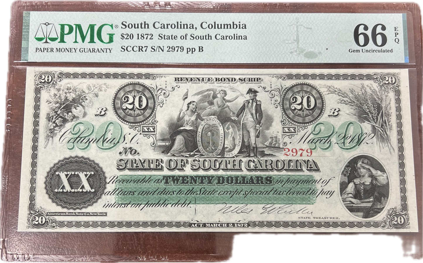 $20 1872 State of South Carolina Columbia PMG EPQ66