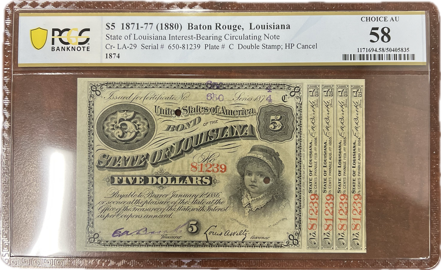 $5 1871-77 (1880) Baton Rouge, Louisiana PCGS AU58
