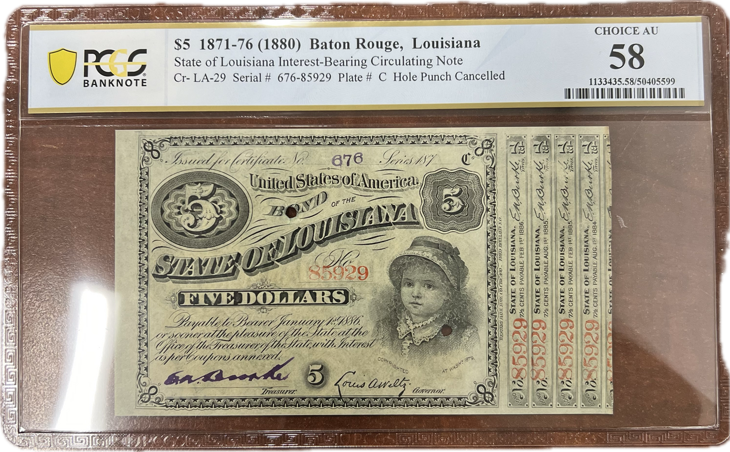 $5 1871-76 (1880) Baton Rouge, Louisiana PCGS AU58