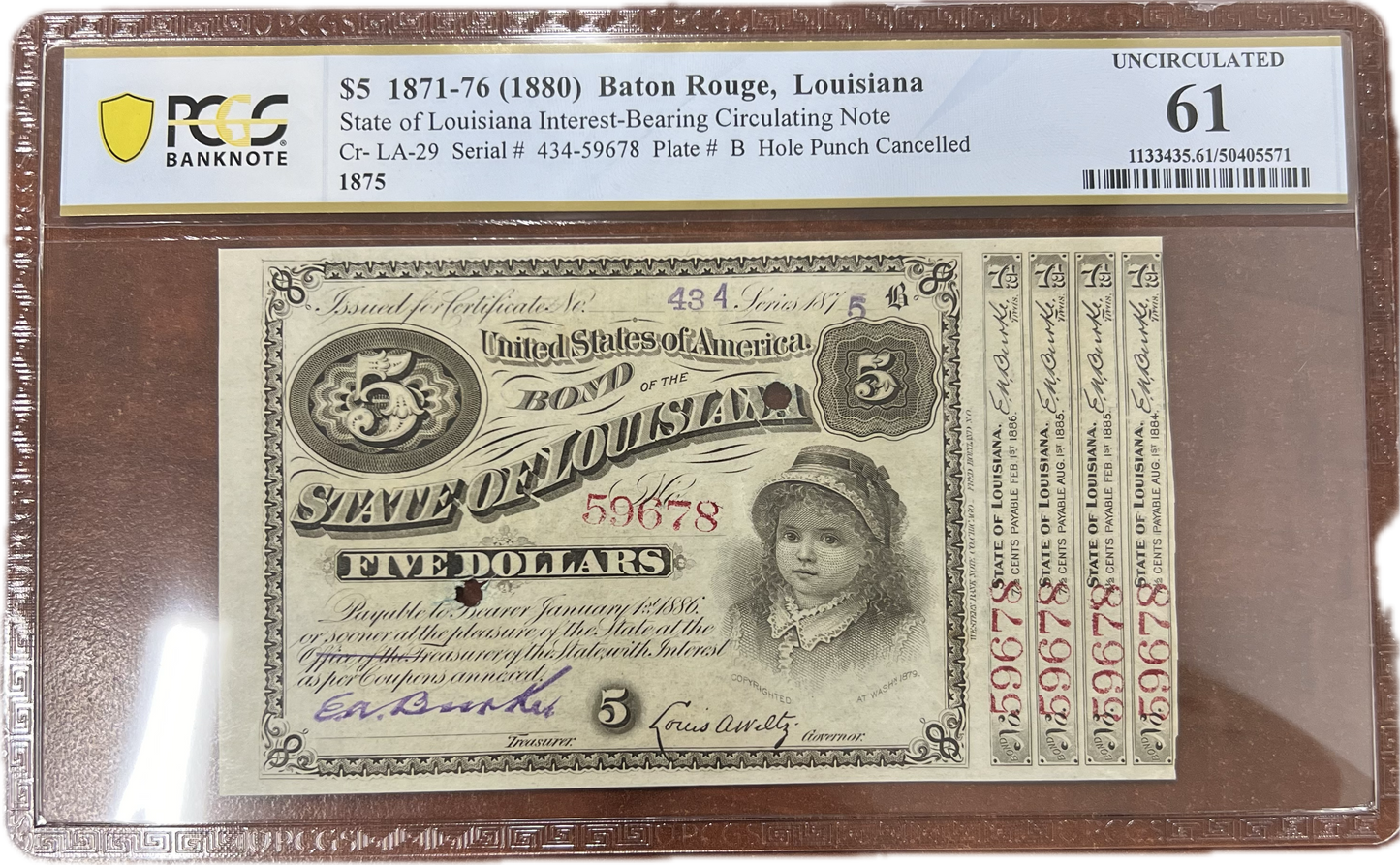 $5 1871-76 (1880) Baton Rouge, Louisiana PCGS UN61
