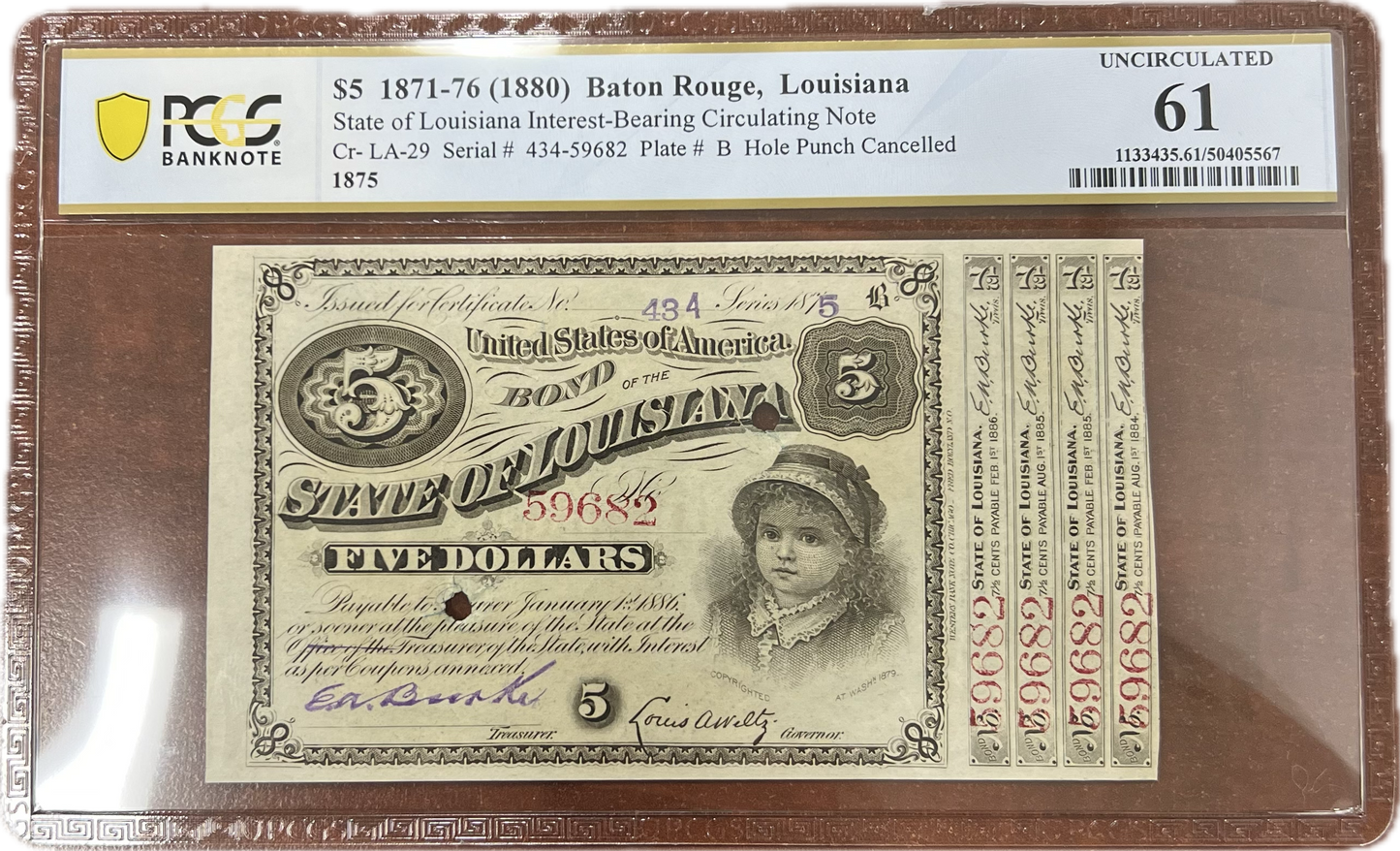 $5 1871-76 (1880) Baton Rouge, Louisiana PCGS UN61