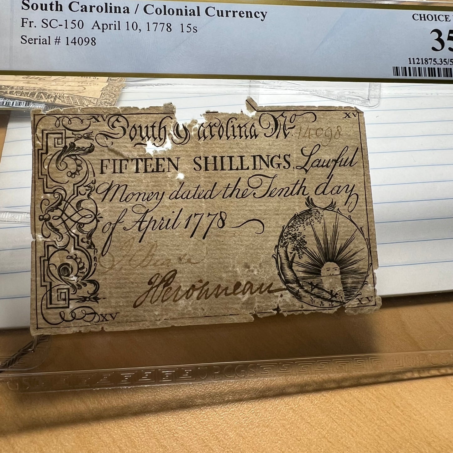 Colonial Currency Apr 10, 1778 15s South Carolina (Fr. SC150) PCGS VF35