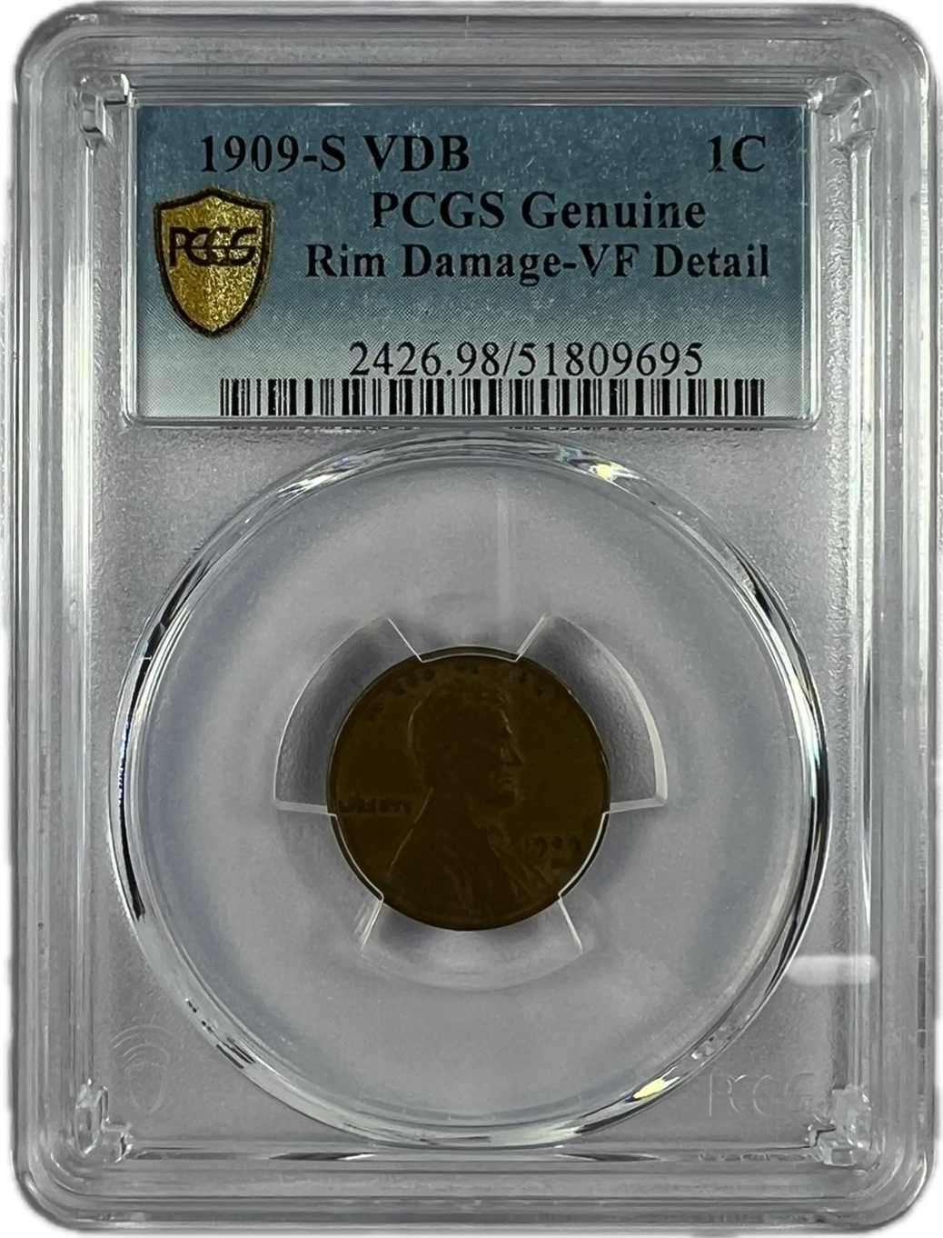 1909-S VDB 1C PCGS Genuine Rim Damage-VF Detail