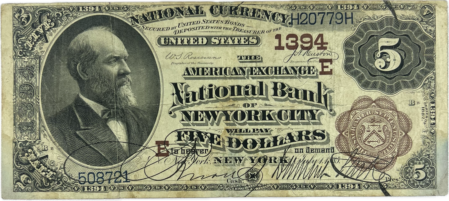 $5 1882 US National Bank Note F-471 Brown Back New York (RAW F12)