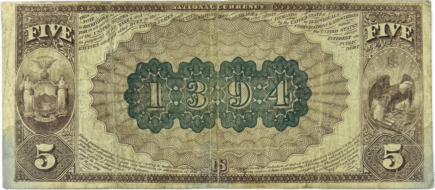 $5 1882 US National Bank Note F-471 Brown Back New York (RAW F12)
