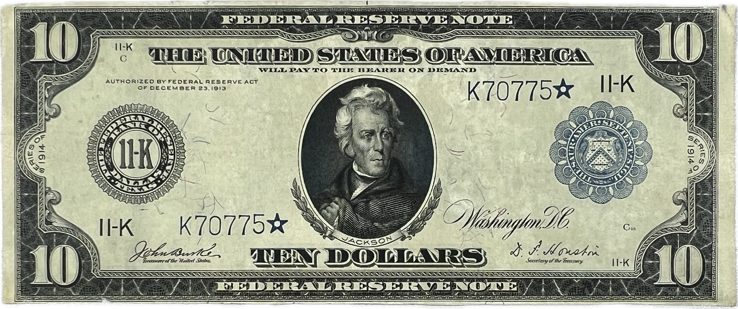 $10 1914 US Federal Reserve F-946 Blue Seal, Dallas Star Note (Raw UNC 60)