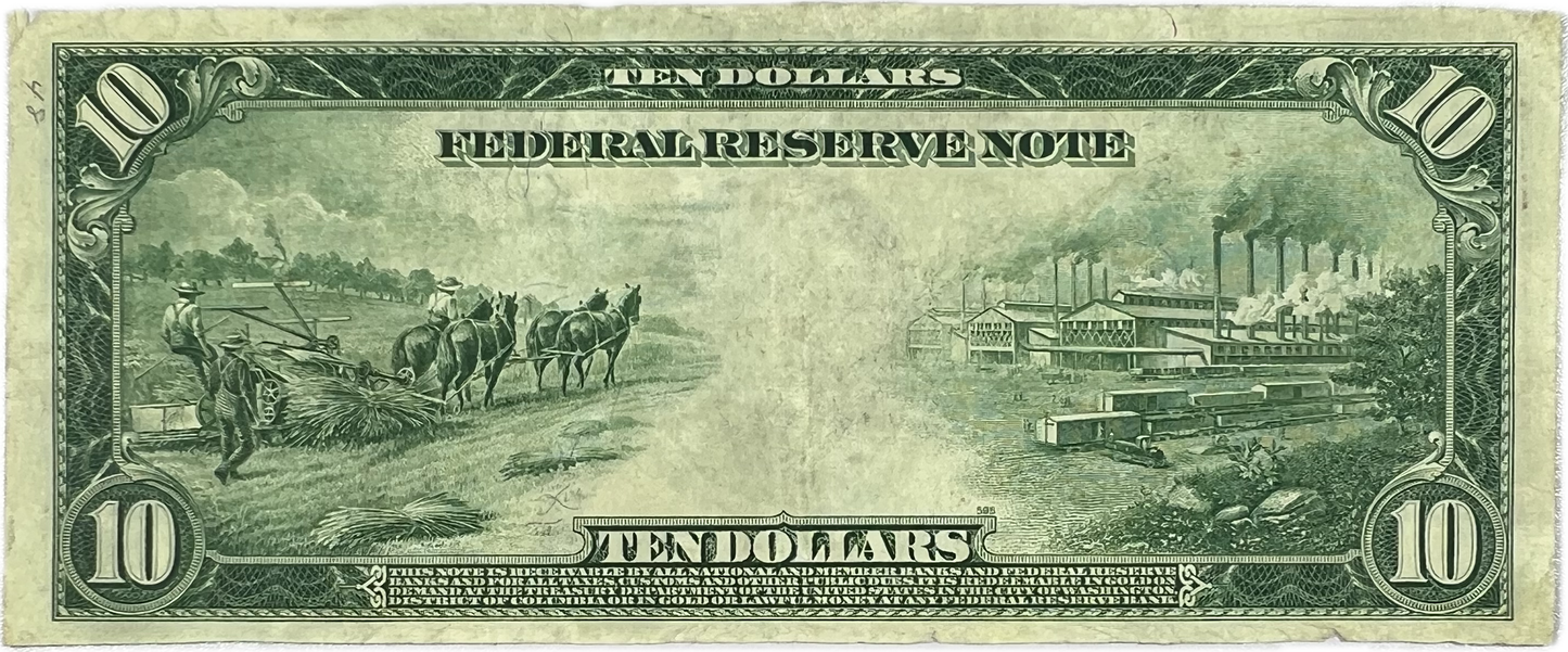 $10 1914 US Federal Reserve F-946 Blue Seal, Dallas Star Note (Raw UNC 60)