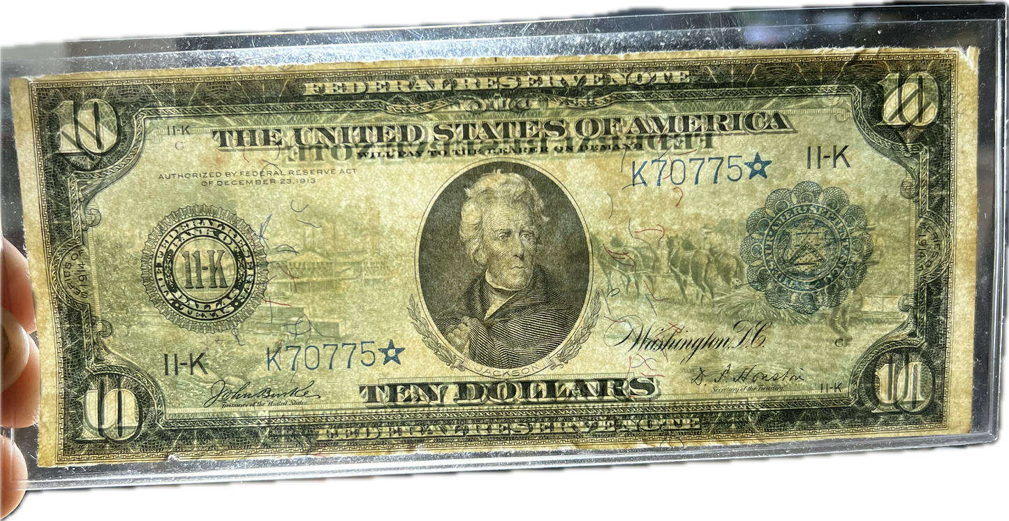 $10 1914 US Federal Reserve F-946 Blue Seal, Dallas Star Note (Raw UNC 60)