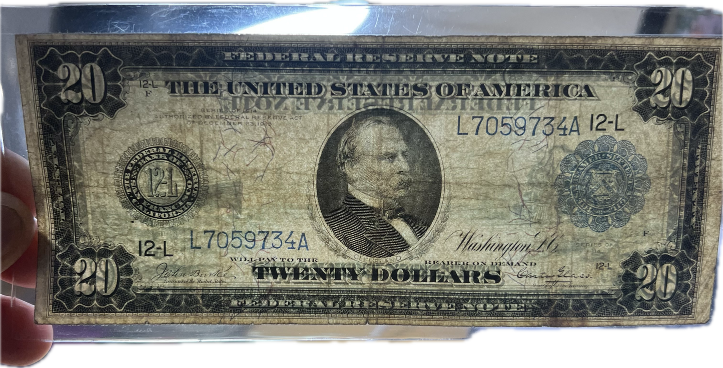$20 1914 US Federal Reserve Fr-1009 Blue Seal, San Francisco (Raw VF20)