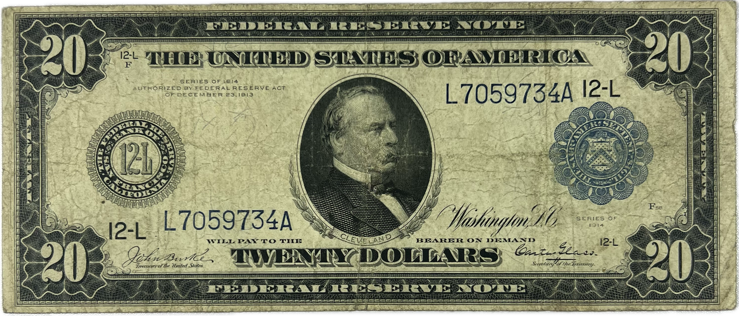 $20 1914 US Federal Reserve Fr-1009 Blue Seal, San Francisco (Raw VF20)