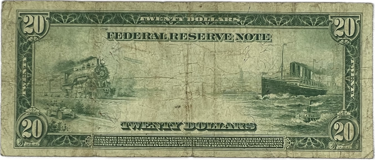 $20 1914 US Federal Reserve Fr-1009 Blue Seal, San Francisco (Raw VF20)