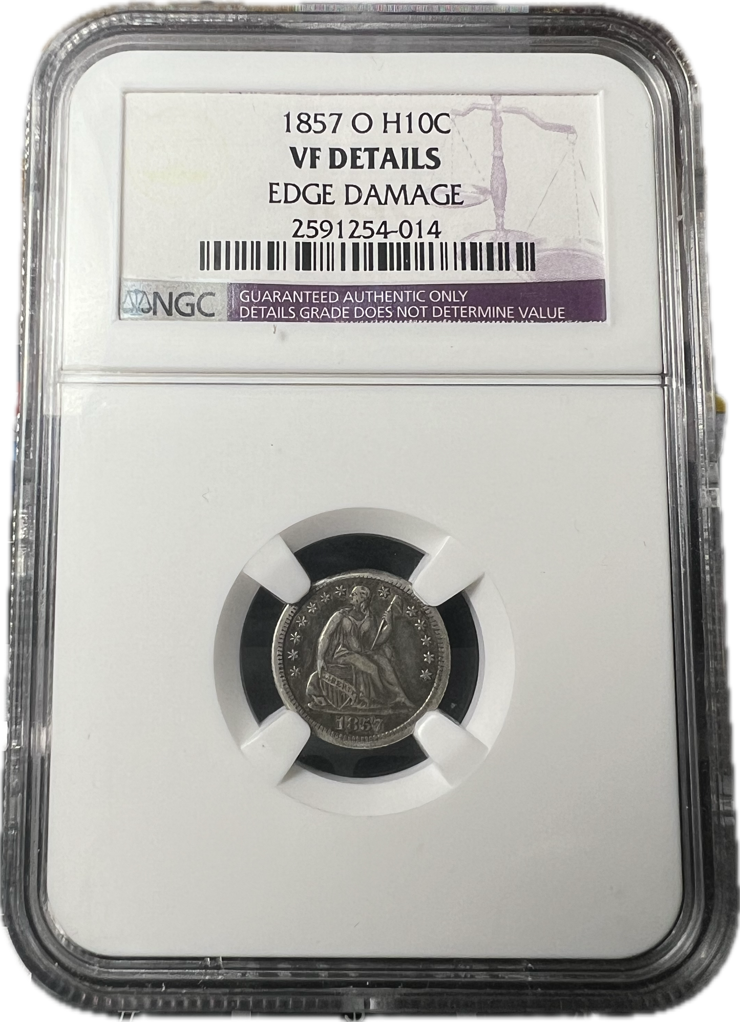 1857-O H10C Liberty Seated Half Dime NGC VF Details Edge Damage