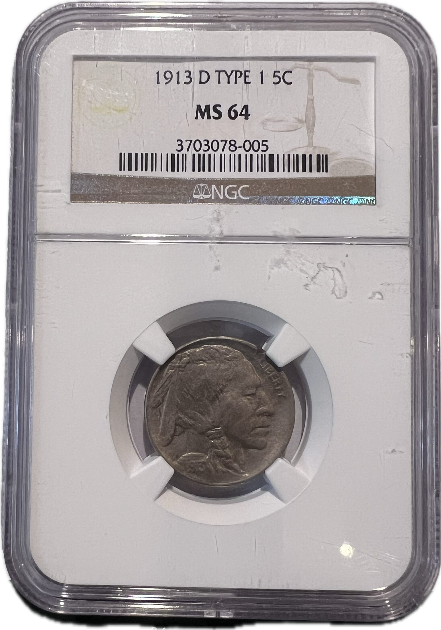 1913-D Type I 5C Buffalo Nickel NGC MS64