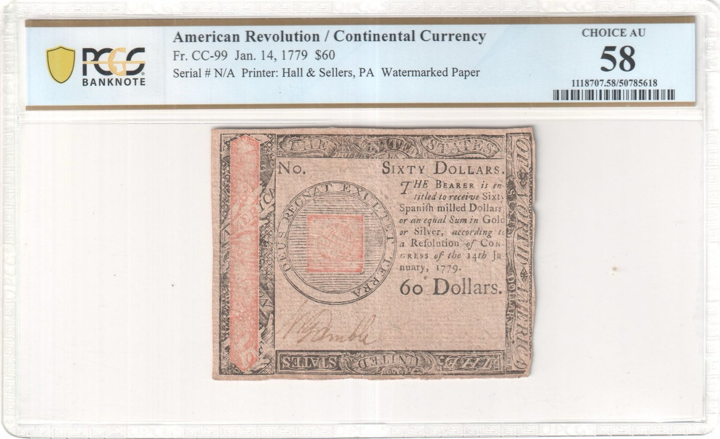 Continental Currency Jan 14, 1779 $60 Continental Congress (Fr. CC99) PCGS AU58