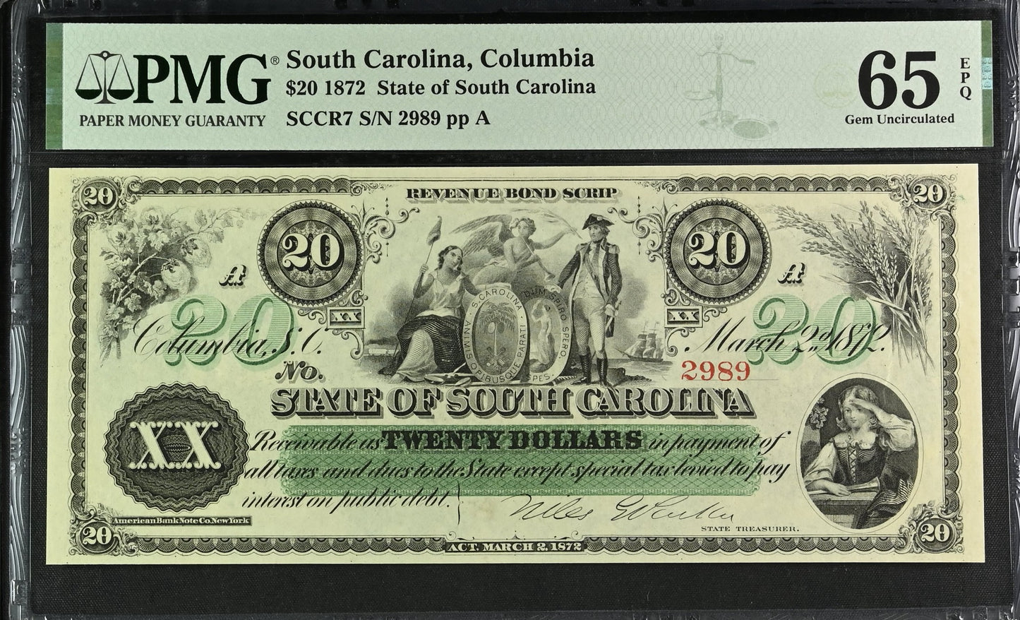 $20 1872 South Carolina, Columbia PMG EPQ65