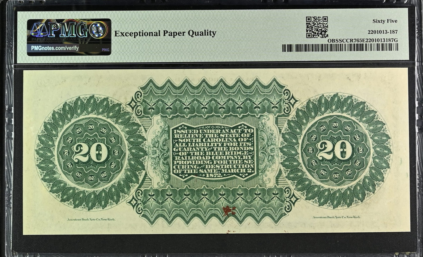 $20 1872 South Carolina, Columbia PMG EPQ65