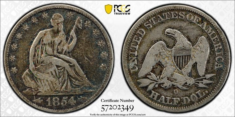 1854-O 50C Liberty Seated Half Dollar PCGS Genuine Scratch- F Detail