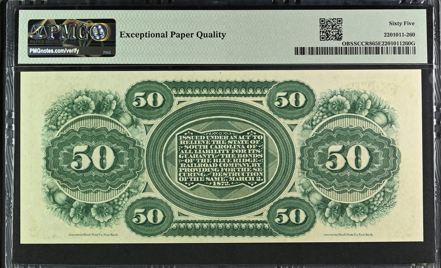$50 1872 South Carolina, Columbia PMG EPQ 65
