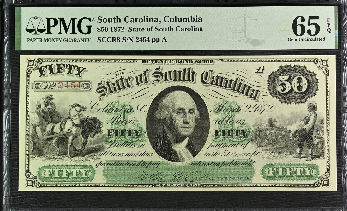 $50 1872 South Carolina, Columbia PMG EPQ 65