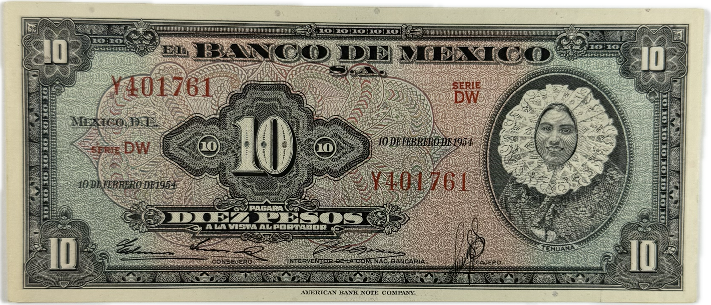 Mexico. Banco de México. 10 Pesos. 10 February 1954. Series DW. Pick 61b - Raw