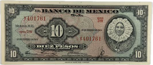 Mexico. Banco de México. 10 Pesos. 10 February 1954. Series DW. Pick 61b - Raw