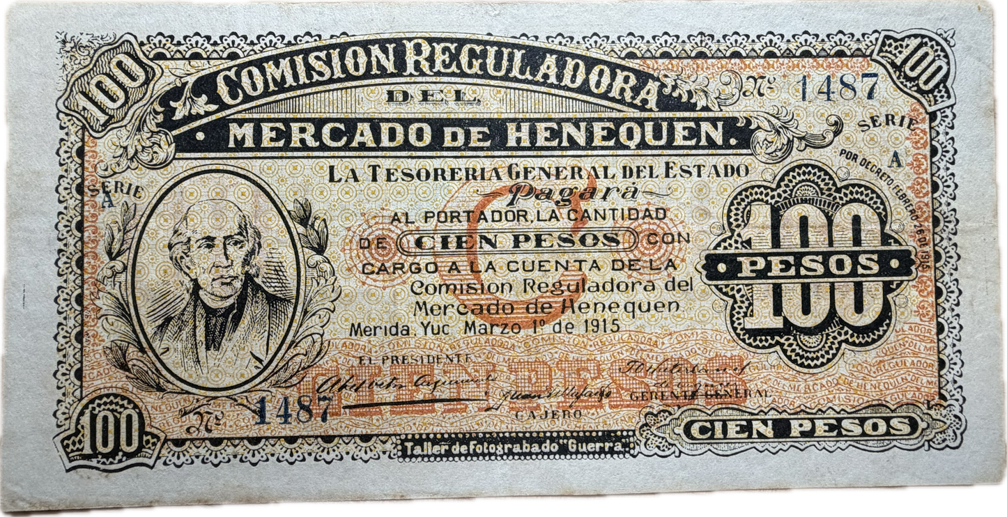 1915 Mexico Yucatán 100 Pesos – Comisión Reguladora del Mercado de Henequén – Revolutionary Currency Issue Raw