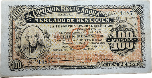 1915 Mexico Yucatán 100 Pesos – Comisión Reguladora del Mercado de Henequén – Revolutionary Currency Issue Raw