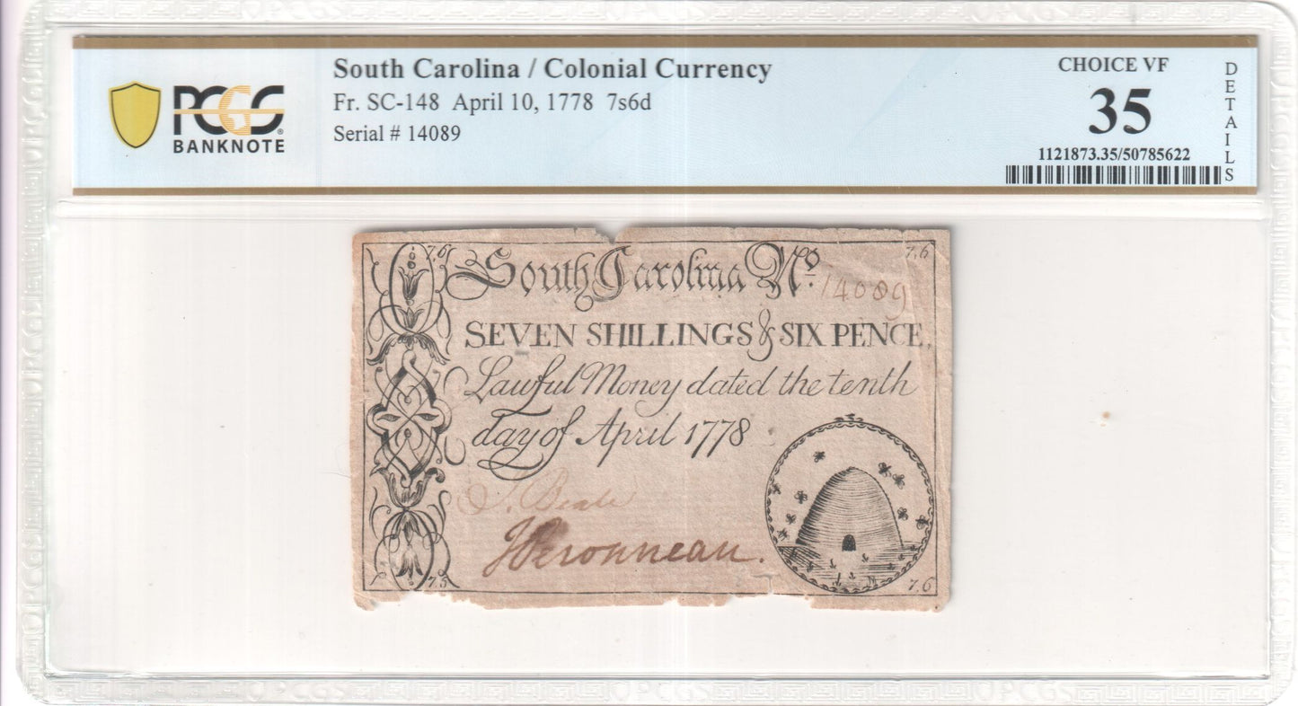 South Carolina Colonial Currency

April 10, 1778 — Seven Shillings & Six Pence
Fr. SC-148 — PCGS Choice VF 35 (Details: Damaged)**