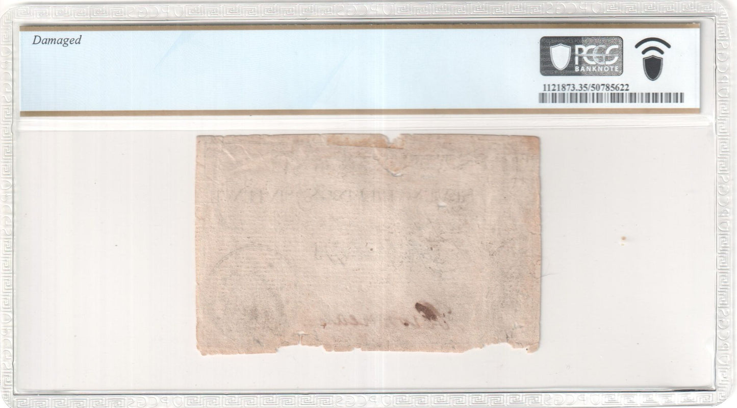 South Carolina Colonial Currency

April 10, 1778 — Seven Shillings & Six Pence
Fr. SC-148 — PCGS Choice VF 35 (Details: Damaged)**