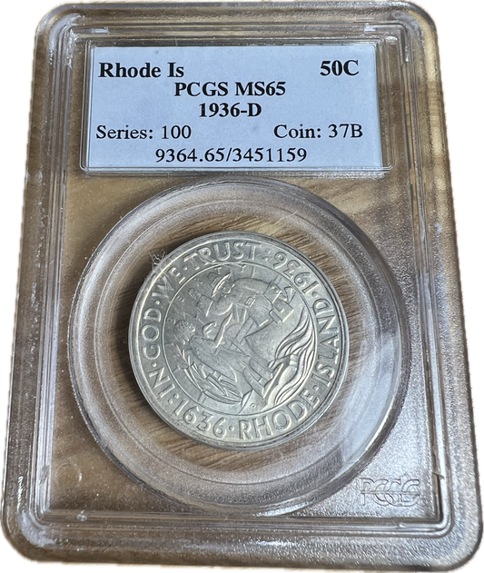 1936-D 50C Rhode Island Silver Commemorative PCGS MS65