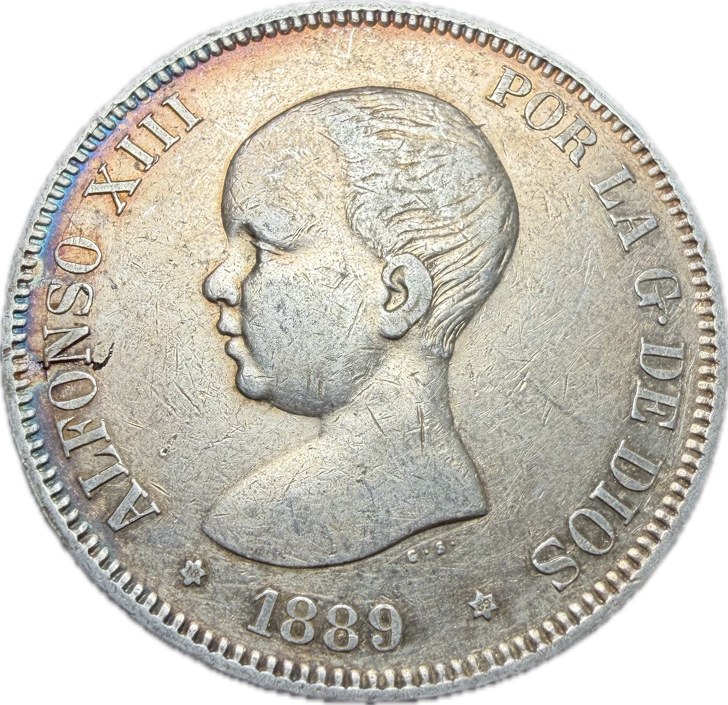 1889 Spanish 5 Pesetas (Baby Head Crown)