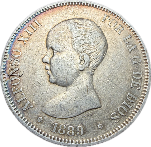 1889 Spanish 5 Pesetas (Baby Head Crown)