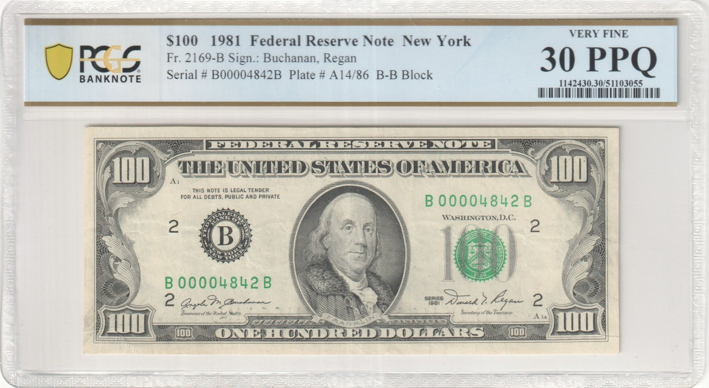 1981 $100 Federal Reserve Note Fr. 2169-B PCGS VF30 PPQ New York
