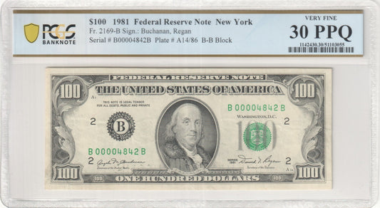 1981 $100 Federal Reserve Note Fr. 2169-B PCGS VF30 PPQ New York