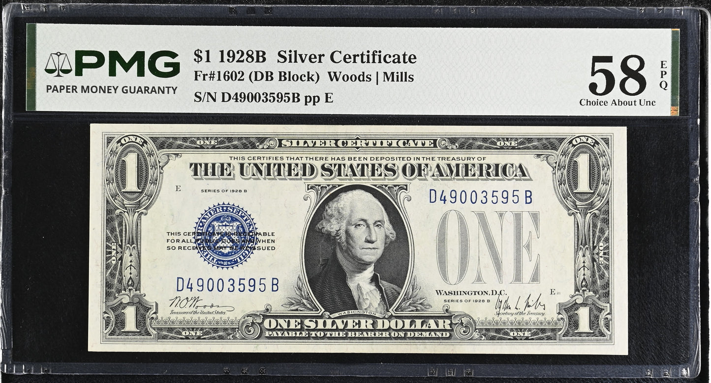1928B $1 Silver Certificate Fr. 1602 PMG 58 EPQ Blue Seal