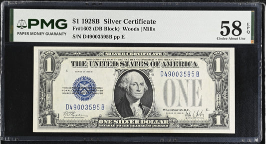 1928B $1 Silver Certificate Fr. 1602 PMG 58 EPQ Blue Seal