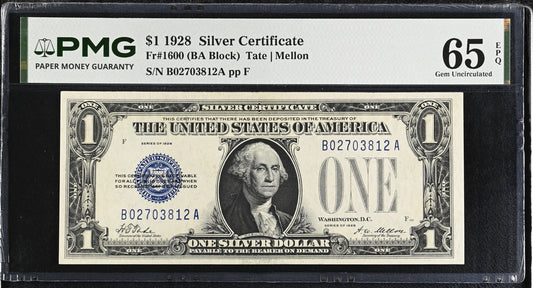 1928 $1 Silver Certificate Fr. 1600 PMG 65 EPQ Funny Back Note