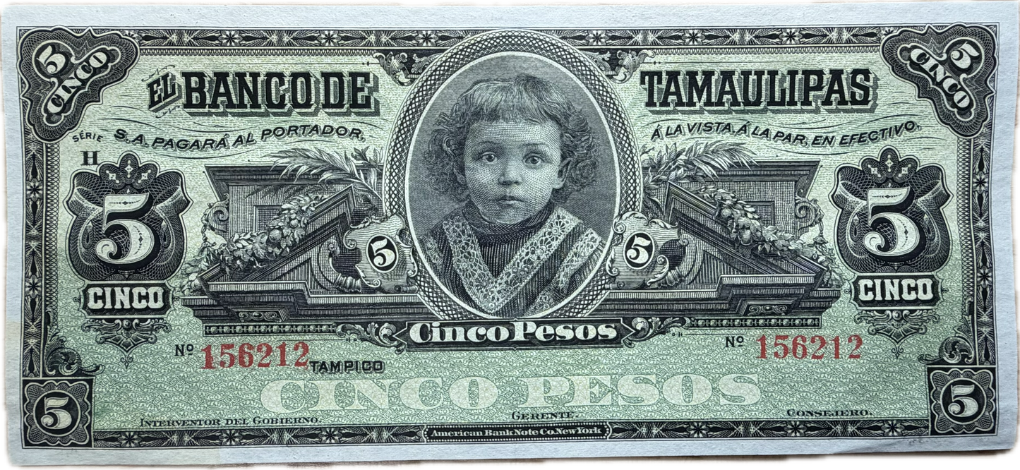 Mexico – Banco de Tamaulipas – 5 Pesos – Series H – ND (1902–1914)
Tampico, Tamaulipas | American Bank Note Company, New York. Raw