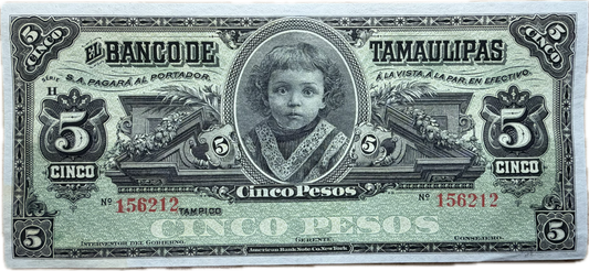Mexico – Banco de Tamaulipas – 5 Pesos – Series H – ND (1902–1914)
Tampico, Tamaulipas | American Bank Note Company, New York. Raw